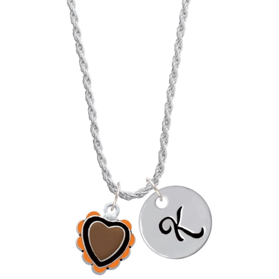 Delight Jewelry Silvertone Brown & Black Heart with Orange Ruffles Silvertone Script Initial Disc - K - Charm Necklace, 20"+3"