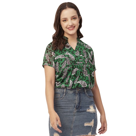 Moomaya Womens Printed Short Sleeves Shirt Top, V-Neck Casual Summer Top