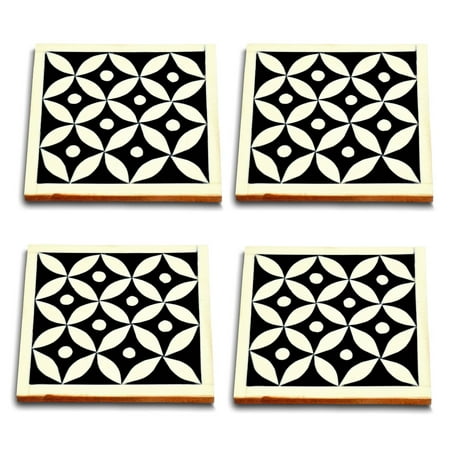 

India Handicrafts 20639 Black and White Flower Square 4 inch Wood Table Top Trivet Coaster Set of 4 C43