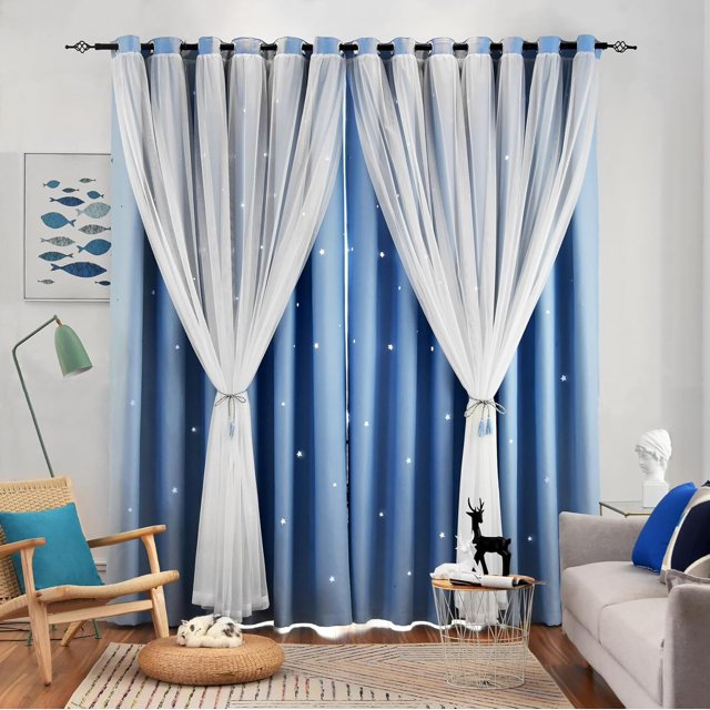 Rideaux à Étoiles à Double Couche pour Enfants, Rideaux d'Extérieur pour Chambre de Bébé, Rideaux à Oeillets, Panneaux Longs, Rideaux L x H ( of )