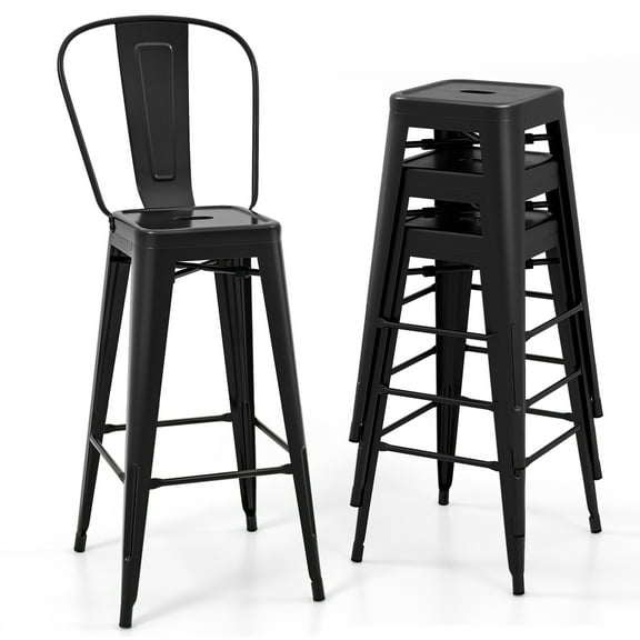 Topbuy Metal Bar stools Set of 4 30” High Back Bar Height Barstool w/ Removable Backrest Home Metal Frame Industrial Bar Chairs Set
