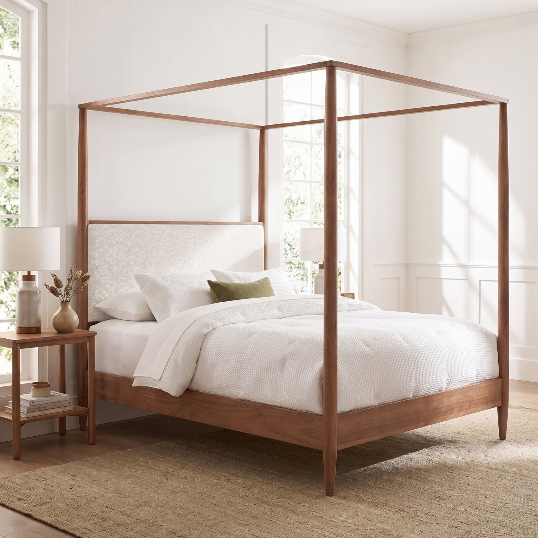 Euroco Modern Wood King Size Canopy Bed, Mid-Century 4-Poster Platform Bed with Boucle Upholstered Headboard and Tapered Legs, No Box Spring Needed, Walnut