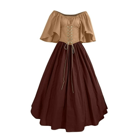 Brglopf Medieval Renaissance Dress Women with Corset Plus Size Evening Ball Gowns Costume Vintage Bell Short Sleeve Dress(Beige-Wine L)