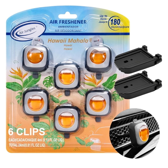 Air Jungles Car Air Freshener Vent Clips with 2 Adaptor for Civic, Hawaiian, 6 Count 4 ml Each, Long-Lasting Up to 180 Days
