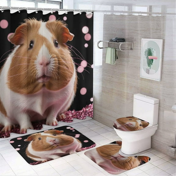 Shower Curtain Set 4 Piece include Shower Curtain and Rugs and Non Slip U Shaped Toilet Rugs Luxury Bathroom Decor Cute Brown White Guinea Pig