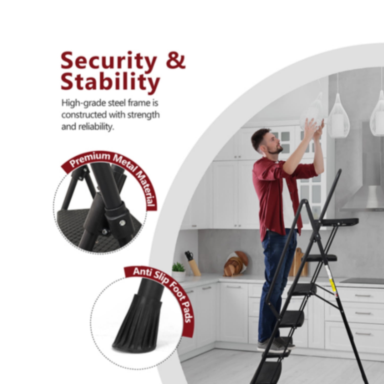 Alvantor 5 Step Ladder, Portable Steel Folding Ladder with Tool Tray and Handrails Black