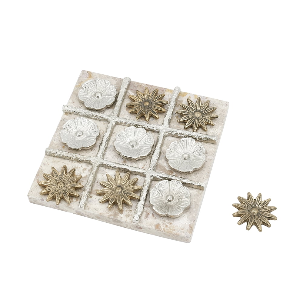9x9" Floral TIC TAC TOE Game Set with Marble Base and Gold and Silver Finish, Luxury Coffee Table Decor Accent, Modern Glam Stone Game Set for Home or Office