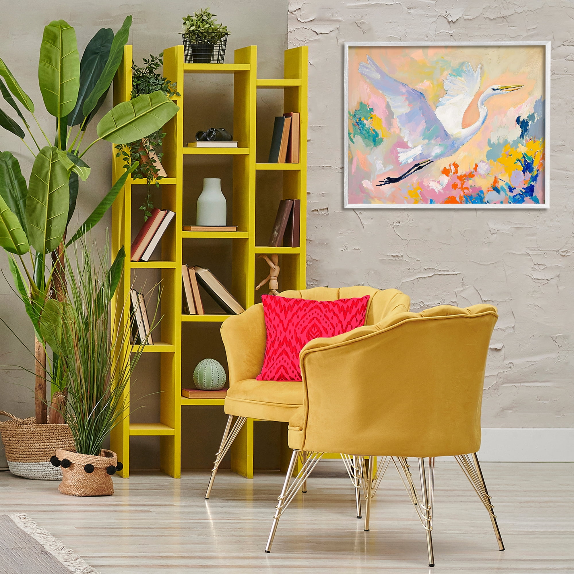 Stupell Industries Heron & Abstract Botanicals Animals & Insects Painting White Framed Art Print Wall Art, 30 x 24