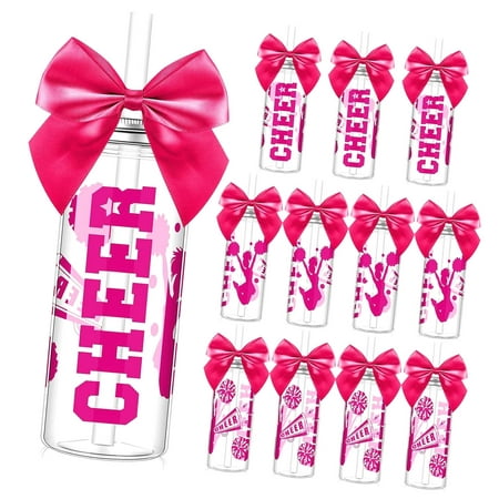 SKYSONIC 12 Pcs Cheerleader Bulk for Team Cheer Cups Bow Plastic Cheer Tumblers with Lid and Straw Clear Cup for Cheerleaders Sport Party Favor Senior Night (Hot )