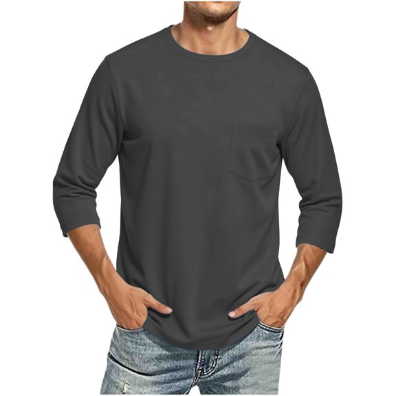 Fnooota Mens T-Shirts with Pockets, Classic Fall Casual Crew Neck 3/4 Sleeve Tops Mens Tees Dark Gray Size S-3XL