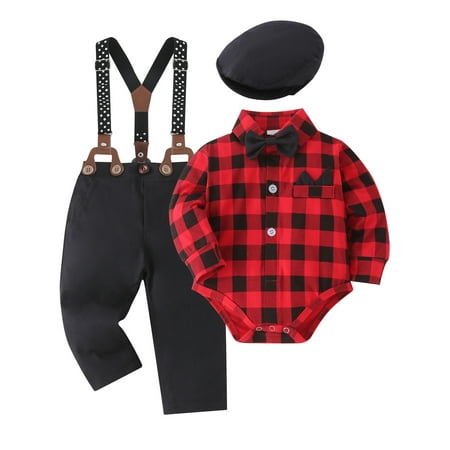 

Baby Boys Outfits Clothes Set 0-24 Months Toddler Infant Party Romper Suspender Pants Beret Hat 4pcs