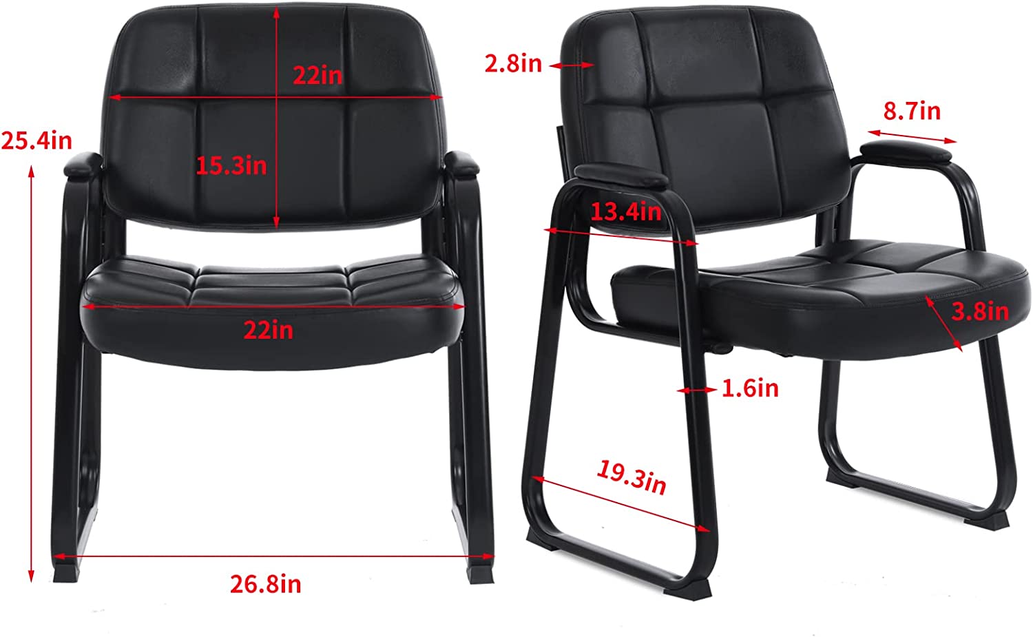 CLATINA Big & Tall Waiting Room Guest Chair with Bonded Leather Padded Arm Rest and Sled Base for Office Reception Lobby and Conference Desk, Black(2 Pack) - image 2 of 7
