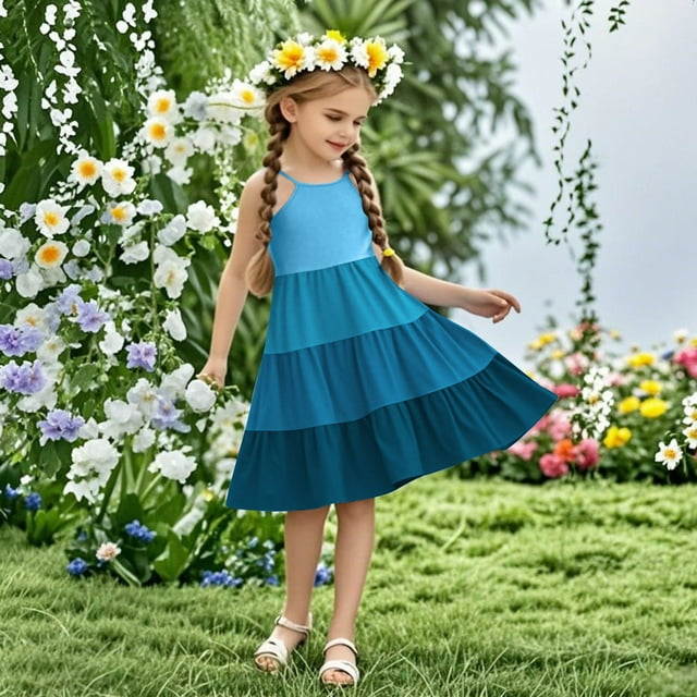Pisexur Robes Fille Robes Mignonnes pour Filles Robe d'Été Bohème Sans Manches à Bretelles Smockée à Volants Bleu, 5 Ans