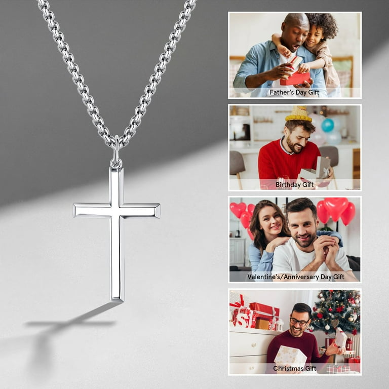 Sterling Silver Cross Pendant Necklace For Men - Religious Catholic Jewelry Gift For Father, Husband, Son