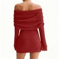 thumbnail image 4 of VEKDONE Womens Off The Shoulder Sweater Dress Flare Long Sleeve Knit Sheer Dress Elegant Cute Mini Dress Fashion Party Club Mini Dresses Red S, 4 of 7