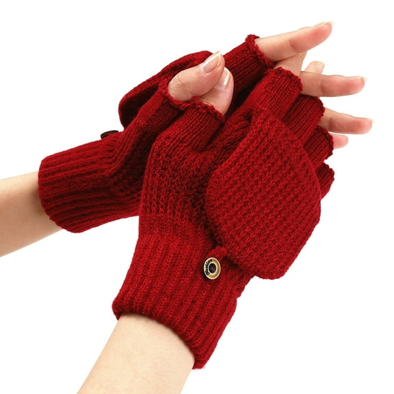 BKQCNKM Gloves for Cold Weather Winter Gloves Winter Knit Convertible Fingerless Gloves Wool Gloves Thermal Gloves Unisex Winter Gloves Women, Red One Size
