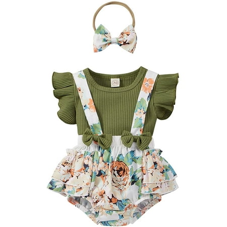 Lot de 3 bodies pour bébé fille à manches volants princesse en coton avec  imprimé floral pour enfant + short + bandeau avec n?ud, vert, 0-3 mois--(Traffer)