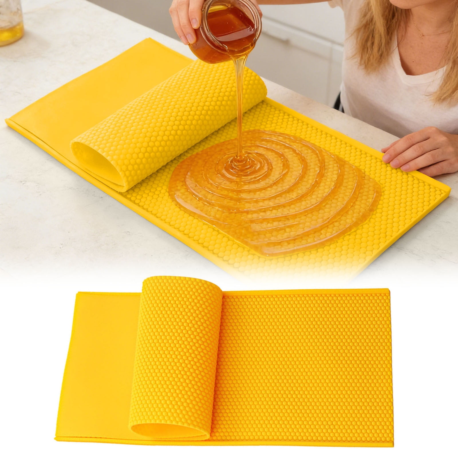 Silicone Beeswax Foundation Press Mold with Honey Scraper, 5.4mm Honeycomb 2 Sheets Non-Stick Reusable for Beekeeping and Candle Making Supplies (Yellow)