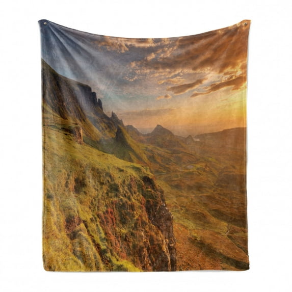 Scotland Soft Flannel Fleece Throw Blanket, Quiraing on the Isle of Skye Cliffs Famous Place High Angle Overlook Mountains, Cozy Plush for Indoor and Outdoor Use, 60" x 80", Multicolor, by Ambesonne