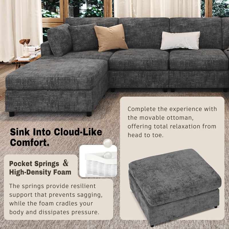 127" U-Shaped Modular Sectional Sofa with Movable Ottoman, 6-Piece Chenille Fabric Couch, Convertible Corner Sofa with Pine Wood Frame, Modern Deep Seat Sofa Set for Living Room & Apartment
