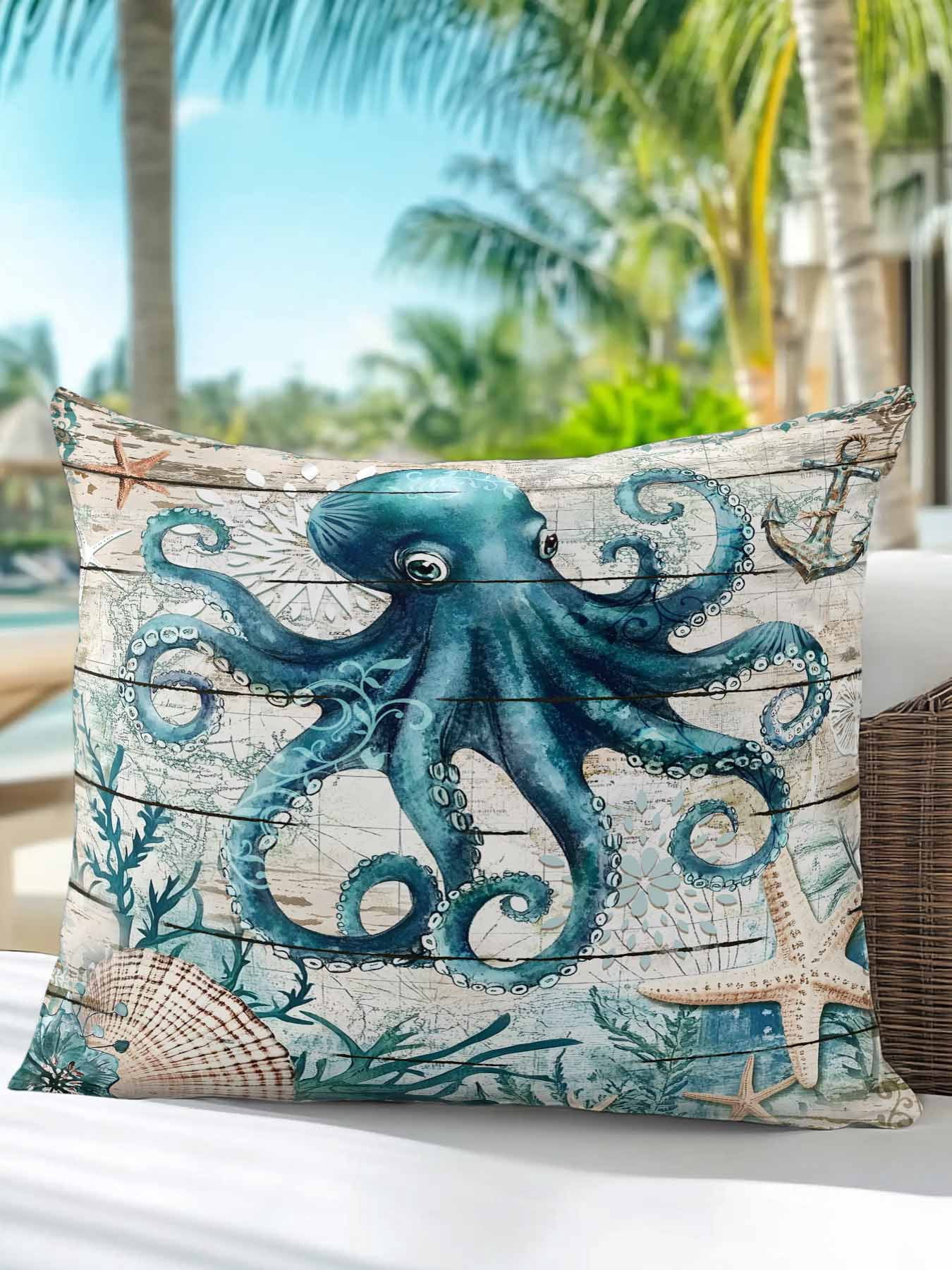 Outdoor Pillows Waterproof, Teal Octopus Coastal Bedding Throw Pillows with Insert for Couch Sofa Bed, Summer Beach Nautical Starfish Retro 18x18 Inch Pillowcases Decorative Patio Pillow Set of 1