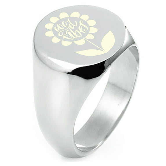 Sterling Silver Good Vibes Sunflower Engraved Round Flat Top Polished Ring