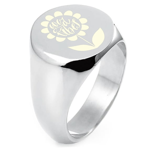 Sterling Silver Good Vibes Sunflower Engraved Round Flat Top Polished Ring