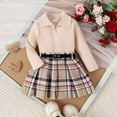thumbnail image 4 of GYRATEDREAM Toddler Baby Girls Skirt 3Pcs Set Little Kids Lapel Long Sleeve Pit Strip Ribbed T Shirt Top Plaid Pleated Mini Skirt with Belt Outfits Fall Winter Clothes for 12 Months-5 Years Beige, 4 of 8