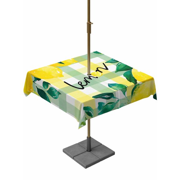 Outdoor Tablecloth with Umbrella Hole for Patio/Picnic/Party/Camping, Summer Lemon Waterproof Table Cloth Square Cover Washable, Botanical Fruit Leaves Yellow Green Striped (54"x 54")