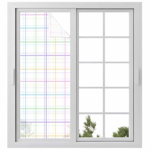 Window Privacy Film White Plaid Grid Stained Glass Window Film Decorative Sun Block Window Cover Colorful Line Modern Simple Geometric Window Clings Static Adhesive Sticker for Bathroom 29.5"x78.7"