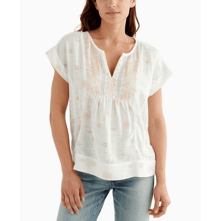 Lucky Brand Printed Peasant Top Ivory Coral Size L