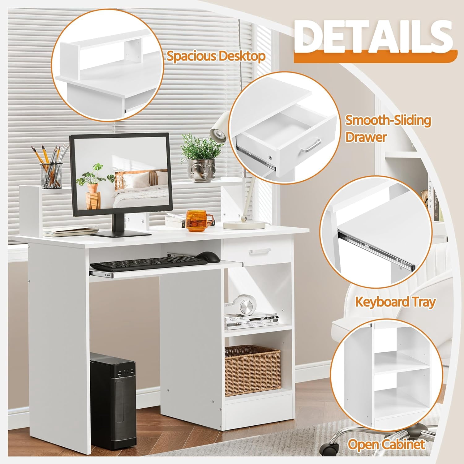 NEWto Home Office Wood Computer Desk with Keyboard Tray and Drawers, Students Writing Table with Storage Drawers & Hutch, Modern PC Laptop Desk, Multifunctional Workstation, White