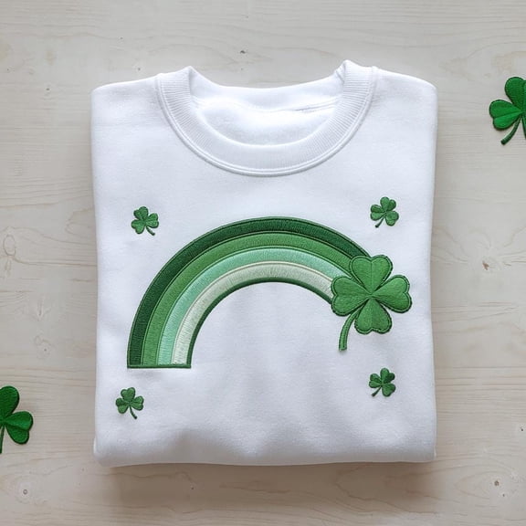 Lucky Shamrock Rainbow Embroidered Sweater, St. Patty’s Day Clothing, Irish Clover Embroidered Sweatshirt