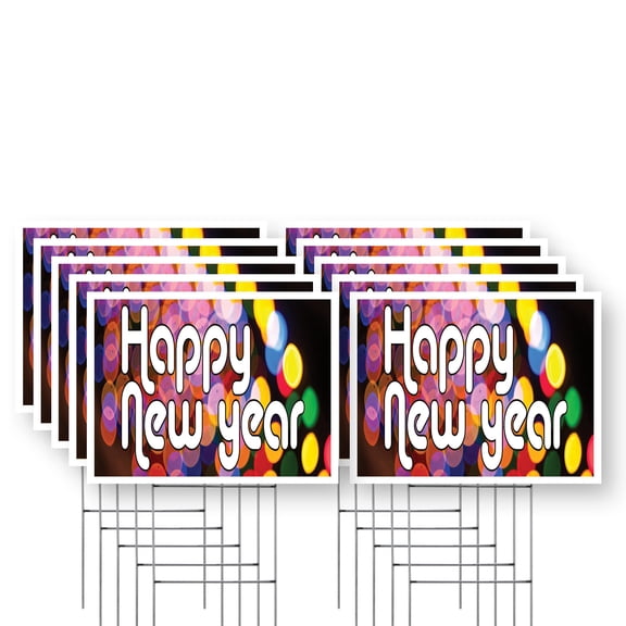 Happy New Year Yard Sign 10 Pack of 12 Inch x 16 Inch Single Sided Weatherproof Heavy-Duty Plastic with Stake | Holiday Celebrations, Event Promotions, Eye-Catching Design | Made in USA