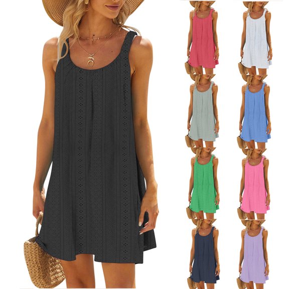 Hrsba Summer Plus Size Dress,Women's Beach Dress Beachwear Coverups Casual Vacation Short Summer Dresses,Womens Casual Sleeveless Round-Neck Knee-High Dress