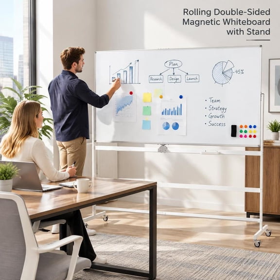 Rolling Double-Sided Magnetic Whiteboard with Stand and Lockable Wheels, Aluminum Frame Dry Erase Board, White