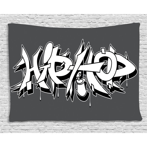 Hip Hop Tapestry, Hip Hop Urban Grafitti and Spray as Rebel Teen Style Illustration Print, Wall Hanging for Bedroom Living Room Dorm Decor, 80W X 60L Inches, Black White and Grey, by Ambesonne