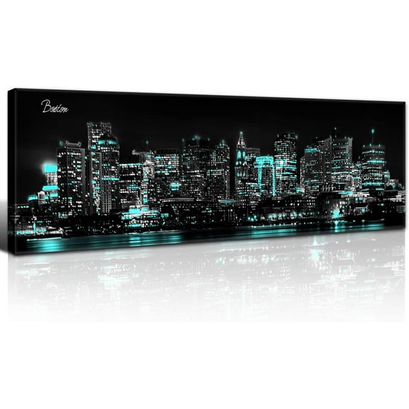 Aaheei Teal Boston Wall Art USA City Skyline Wall Decor for Bedroom Living Room Black and White Cityscape Canvas Prints Night View Panoramic Paintings USA Skyscraper Pictures Artwork Home Decorations