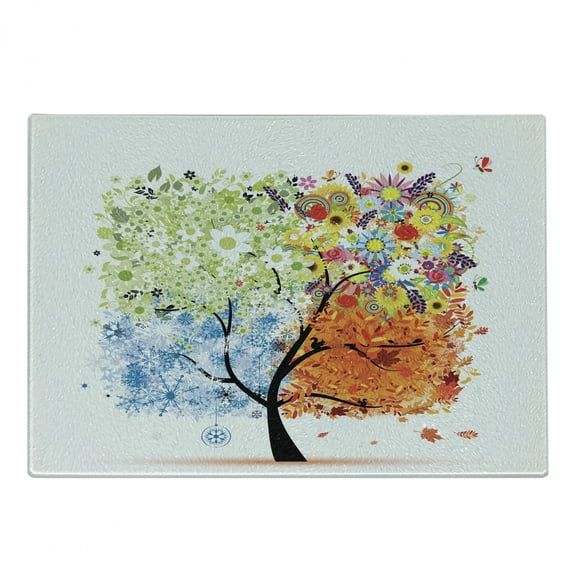 Tree Cutting Board, Seasonal Tree Branches with Flowers Spring Summer Autumn Winter Growth Theme Art, Decorative Tempered Glass Cutting and Serving Board, Small Size, Multicolor, by Ambesonne