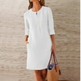 thumbnail image 2 of QLEICOM Women's Summer 3/4 Sleeve Cotton Linen Dress Casual Loose Button Dress with Pockets White M, US Size:4, 2 of 6
