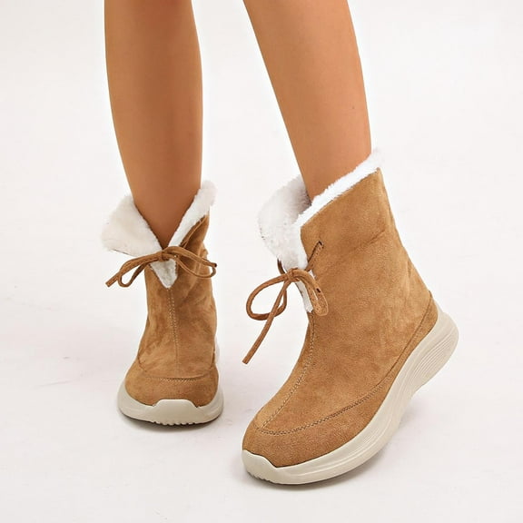 BLTIBY Ankle Boots for Women Flat Heel Lace up Flock Fleece Lined Boot Winter Fall Fashion Riding Booties Brown 43