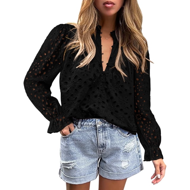 Blusa Negra de Encaje para Mujer PRETTYGARDEN Manga Abullonada Talle S