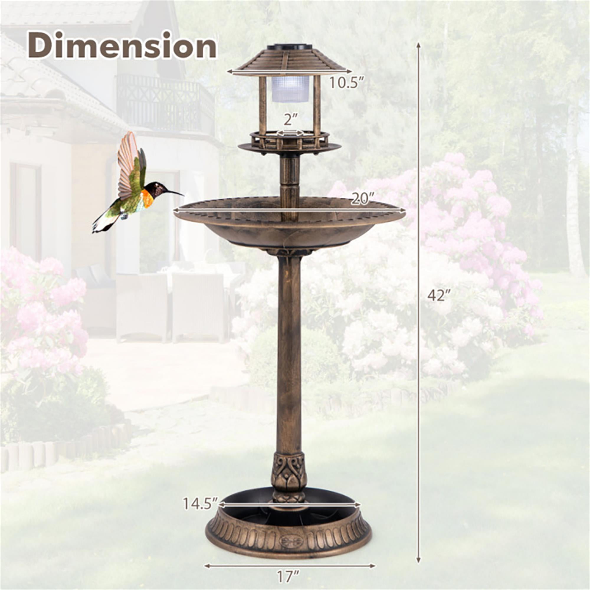 Pefilos 42" Outdoor Pedestal Garden Bird Bath with Solar Light, Bird Feeder and Flower Planter, Bronze Brown