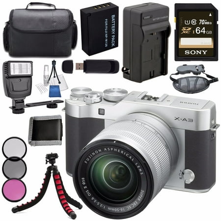 Fujifilm X-A3 Digital Camera w/16-50mm Lens (Silver) + NP-W126 Lithium Ion Battery + External Rapid Charger + Sony 64GB SDXC Card + Case + Tripod + Flash + Card Reader + Card Wallet