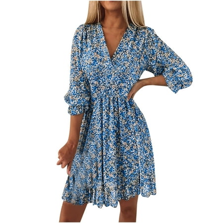 Ichuanyi Dresses for Women 2022, Fall Clearance Fashion Women Summer Casual V-Neck Froral Print 3/4 Sleeve Loose Dress