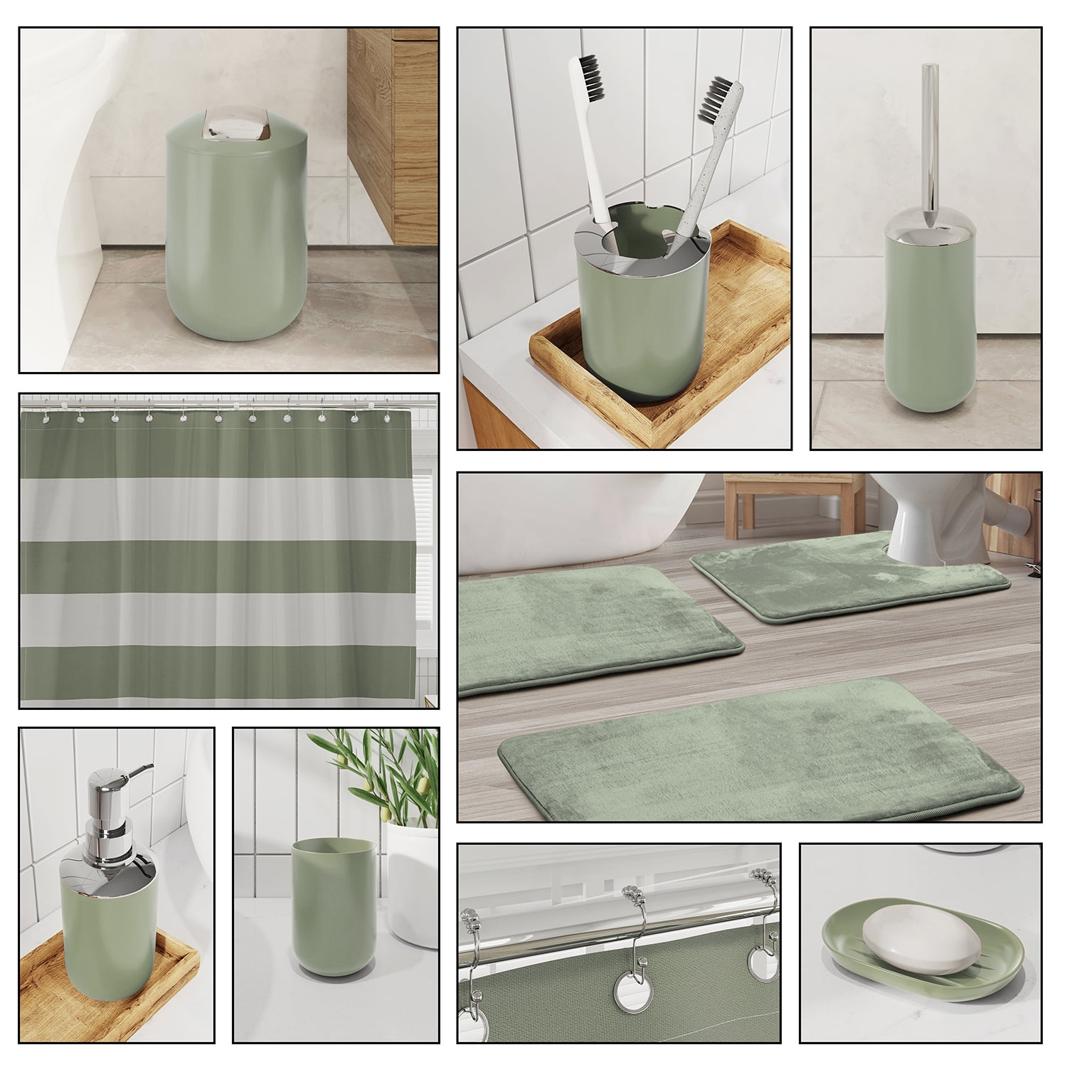 Lammaloe Sage Green Bathroom Accessories Set with Shower Curtain and Rugs