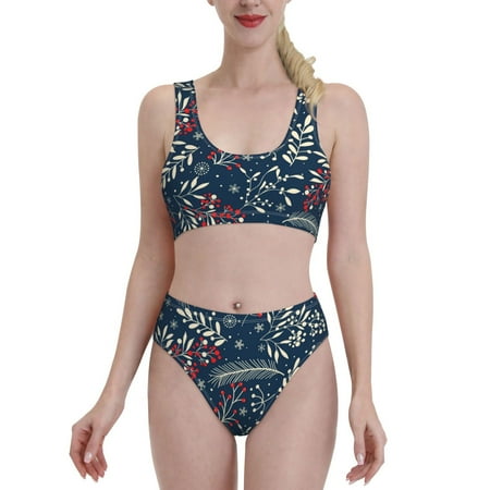 Bixox Merry Christmas Winter Pattern Two-Piece Sports Bikini with U-Shaped Top and High-Waist Bottom - Women s Swimwear with Removable Bra Pads