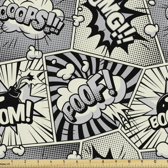 Comics Fabric by the Yard, Bubbly Poof Boom Omg Bubbly Calligraphy Design in Clouds Smoke Burst, Decorative Upholstery Fabric for Chairs & Home Accents, 10 Yards, Dark Night Blue Eggshell by Ambesonne