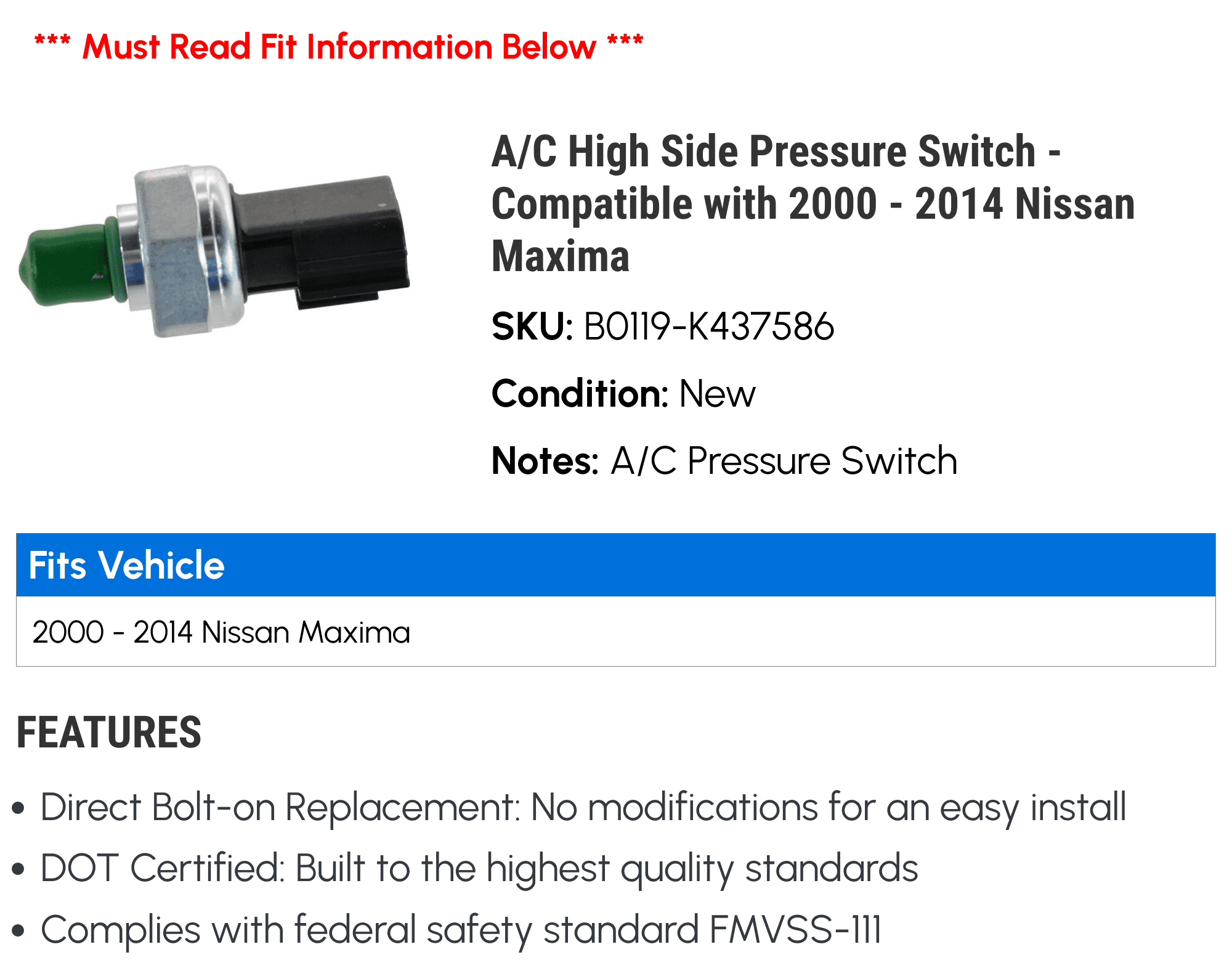 A/C High Side Pressure Switch - Compatible with 2000 - 2014