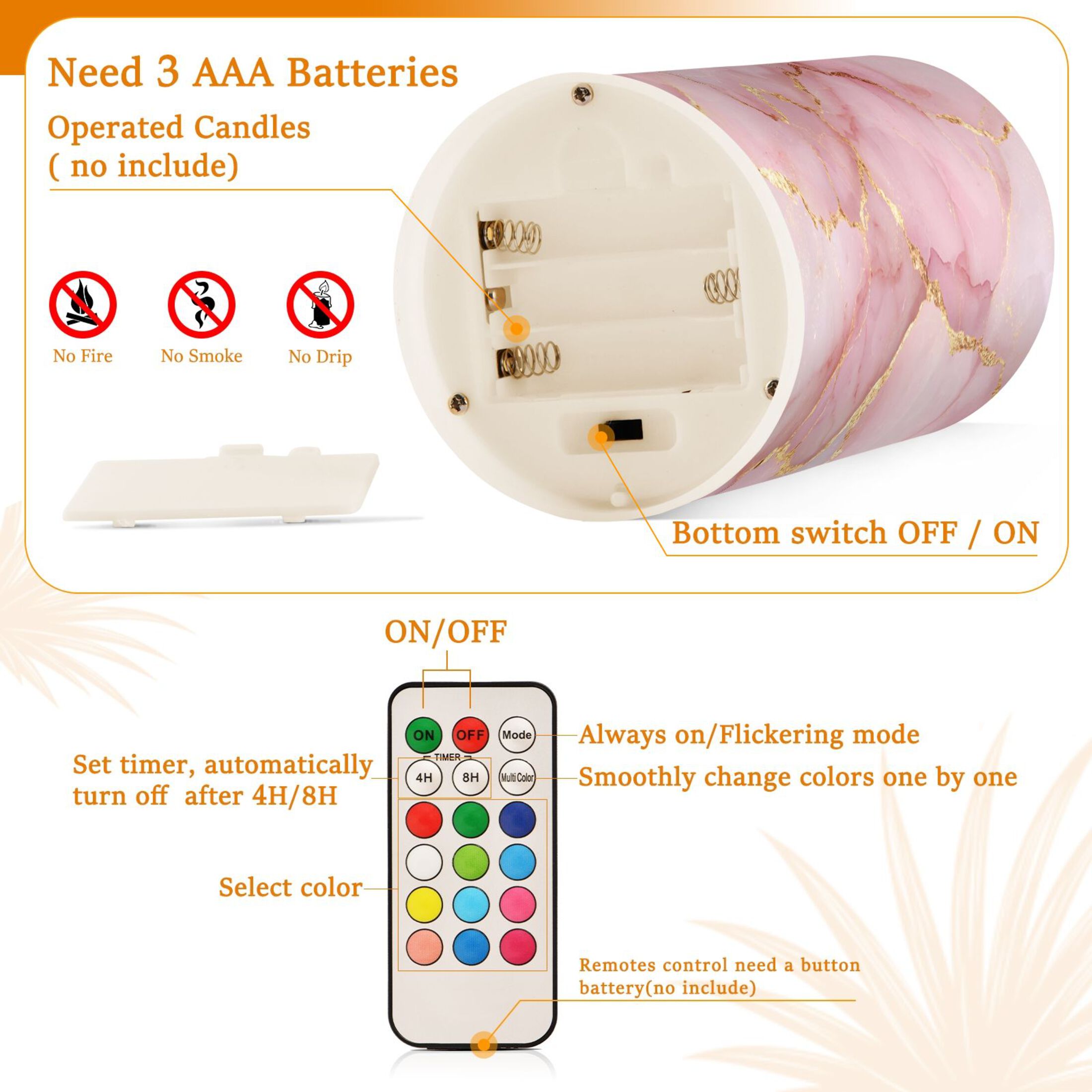 Rose Gold Texture Flickering Flameless Candles Battery Operated with Remote Timer LED Pillar Candles Set of 2
